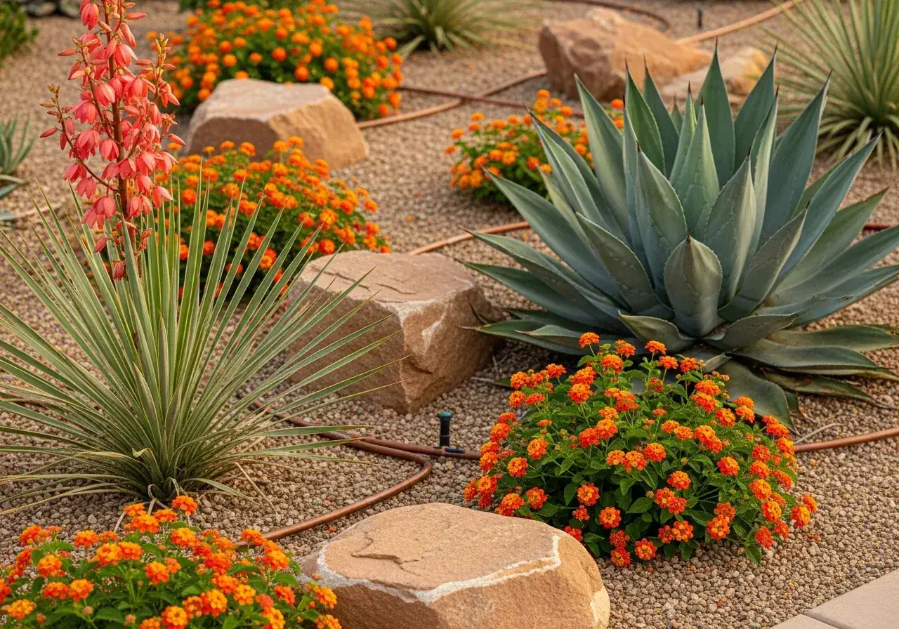 Detail of mature Las Vegas xeriscape with red yucca, agave, lantana, and decorative sandstone boulders
