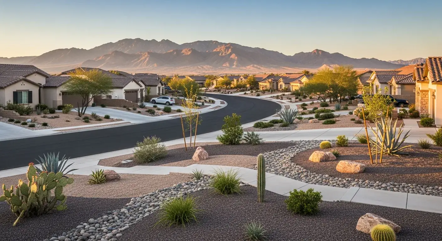 Las Vegas master-planned community showing multiple xeriscape-converted front yards along a curving suburban street